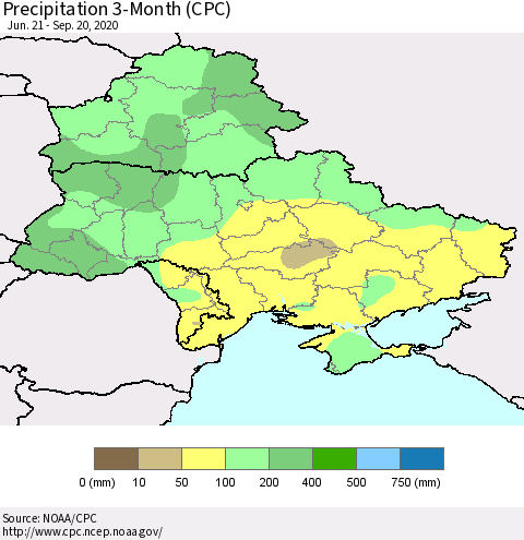 Ukraine, Moldova and Belarus Precipitation 3-Month (CPC) Thematic Map For 6/21/2020 - 9/20/2020