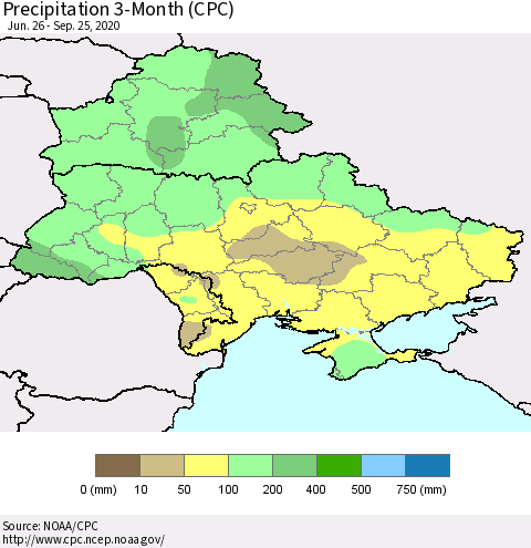 Ukraine, Moldova and Belarus Precipitation 3-Month (CPC) Thematic Map For 6/26/2020 - 9/25/2020