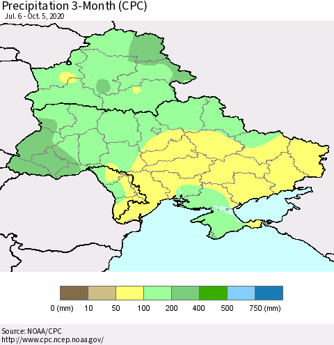 Ukraine, Moldova and Belarus Precipitation 3-Month (CPC) Thematic Map For 7/6/2020 - 10/5/2020