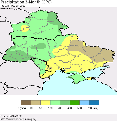 Ukraine, Moldova and Belarus Precipitation 3-Month (CPC) Thematic Map For 7/16/2020 - 10/15/2020