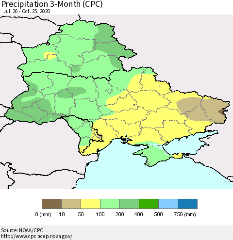 Ukraine, Moldova and Belarus Precipitation 3-Month (CPC) Thematic Map For 7/26/2020 - 10/25/2020
