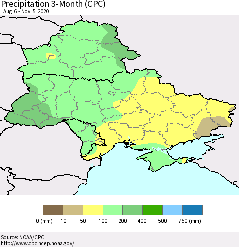 Ukraine, Moldova and Belarus Precipitation 3-Month (CPC) Thematic Map For 8/6/2020 - 11/5/2020