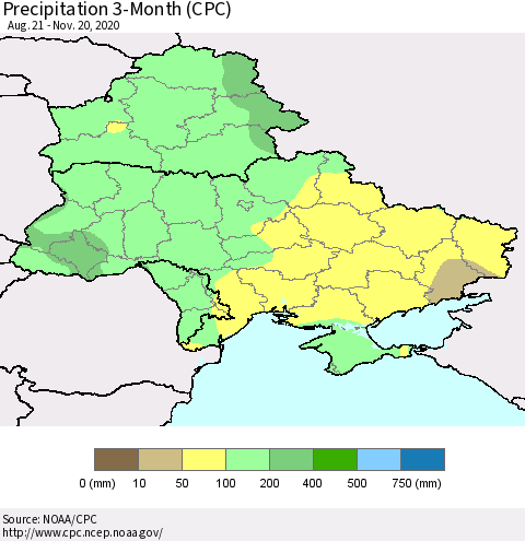 Ukraine, Moldova and Belarus Precipitation 3-Month (CPC) Thematic Map For 8/21/2020 - 11/20/2020