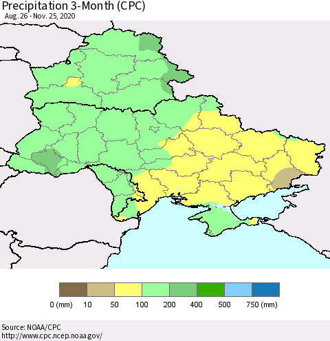 Ukraine, Moldova and Belarus Precipitation 3-Month (CPC) Thematic Map For 8/26/2020 - 11/25/2020