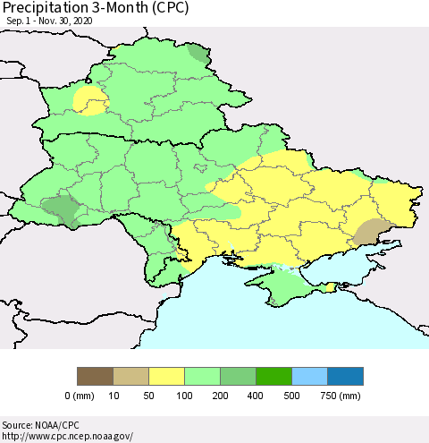 Ukraine, Moldova and Belarus Precipitation 3-Month (CPC) Thematic Map For 9/1/2020 - 11/30/2020