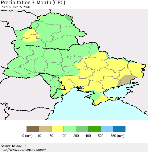 Ukraine, Moldova and Belarus Precipitation 3-Month (CPC) Thematic Map For 9/6/2020 - 12/5/2020