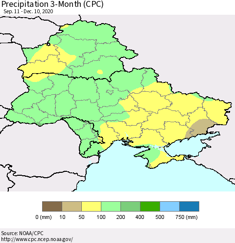 Ukraine, Moldova and Belarus Precipitation 3-Month (CPC) Thematic Map For 9/11/2020 - 12/10/2020