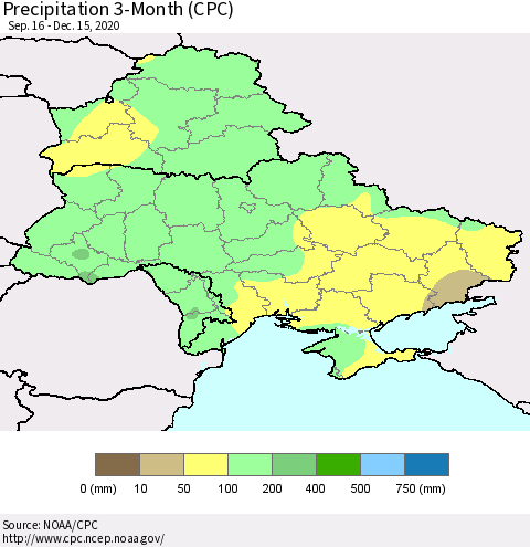 Ukraine, Moldova and Belarus Precipitation 3-Month (CPC) Thematic Map For 9/16/2020 - 12/15/2020