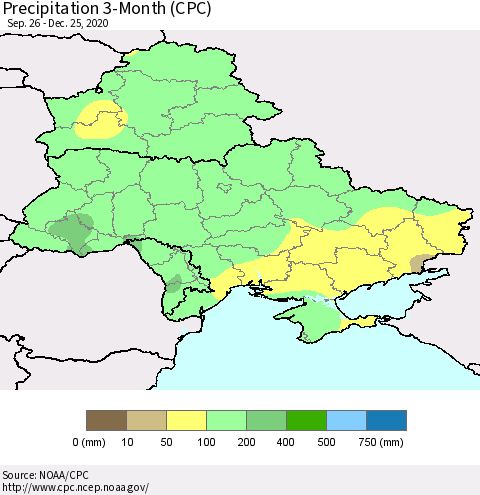Ukraine, Moldova and Belarus Precipitation 3-Month (CPC) Thematic Map For 9/26/2020 - 12/25/2020
