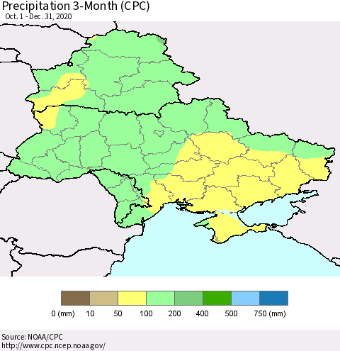 Ukraine, Moldova and Belarus Precipitation 3-Month (CPC) Thematic Map For 10/1/2020 - 12/31/2020