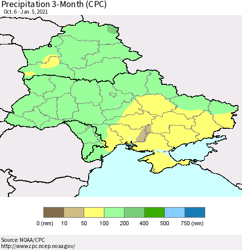 Ukraine, Moldova and Belarus Precipitation 3-Month (CPC) Thematic Map For 10/6/2020 - 1/5/2021