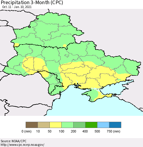 Ukraine, Moldova and Belarus Precipitation 3-Month (CPC) Thematic Map For 10/11/2020 - 1/10/2021