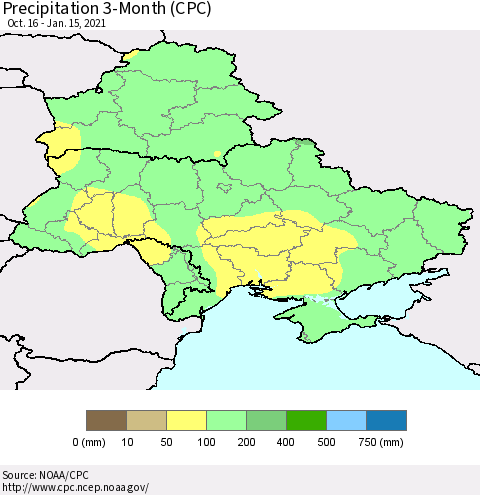 Ukraine, Moldova and Belarus Precipitation 3-Month (CPC) Thematic Map For 10/16/2020 - 1/15/2021