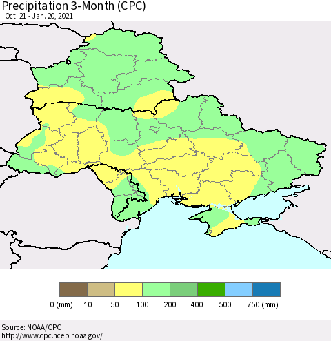 Ukraine, Moldova and Belarus Precipitation 3-Month (CPC) Thematic Map For 10/21/2020 - 1/20/2021
