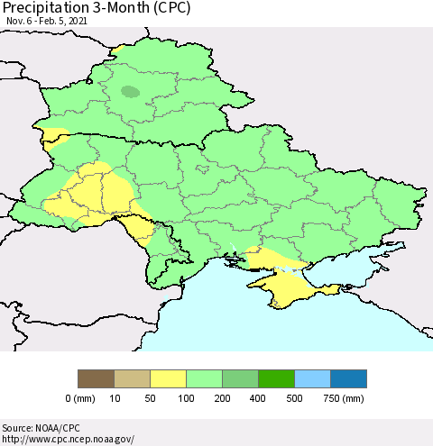 Ukraine, Moldova and Belarus Precipitation 3-Month (CPC) Thematic Map For 11/6/2020 - 2/5/2021