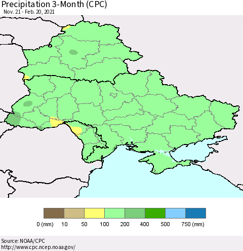 Ukraine, Moldova and Belarus Precipitation 3-Month (CPC) Thematic Map For 11/21/2020 - 2/20/2021
