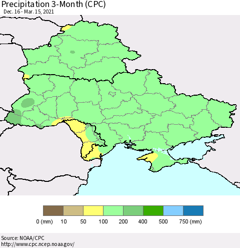 Ukraine, Moldova and Belarus Precipitation 3-Month (CPC) Thematic Map For 12/16/2020 - 3/15/2021