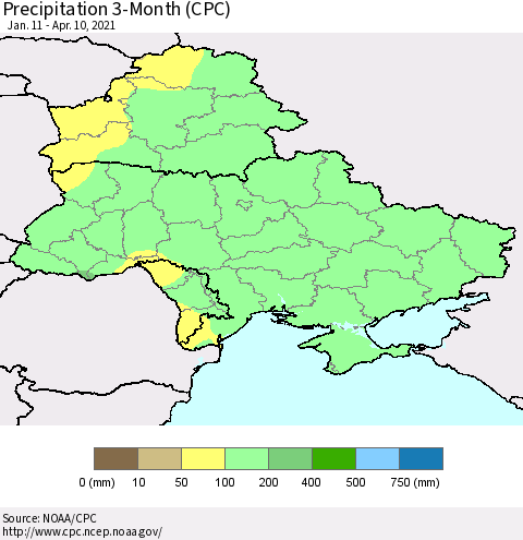 Ukraine, Moldova and Belarus Precipitation 3-Month (CPC) Thematic Map For 1/11/2021 - 4/10/2021