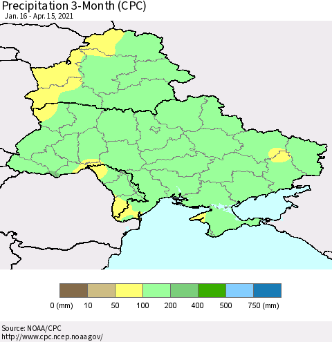Ukraine, Moldova and Belarus Precipitation 3-Month (CPC) Thematic Map For 1/16/2021 - 4/15/2021