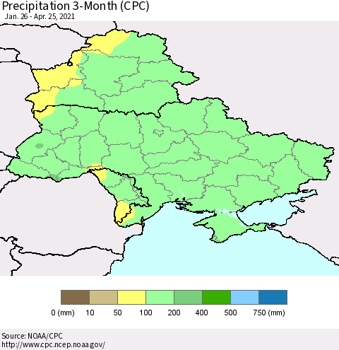 Ukraine, Moldova and Belarus Precipitation 3-Month (CPC) Thematic Map For 1/26/2021 - 4/25/2021