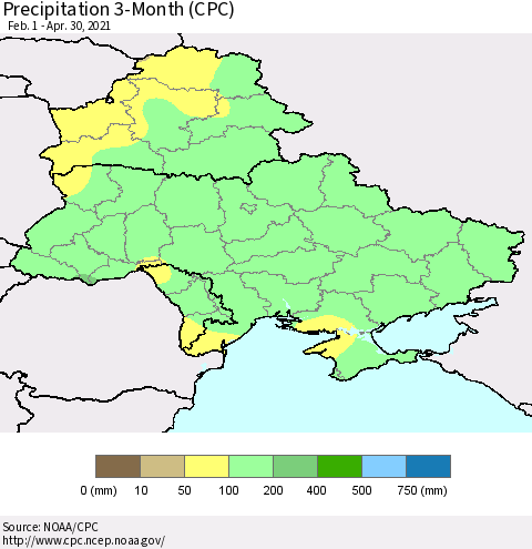 Ukraine, Moldova and Belarus Precipitation 3-Month (CPC) Thematic Map For 2/1/2021 - 4/30/2021
