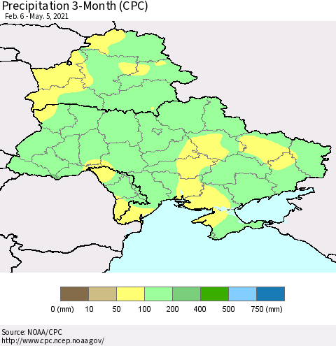 Ukraine, Moldova and Belarus Precipitation 3-Month (CPC) Thematic Map For 2/6/2021 - 5/5/2021