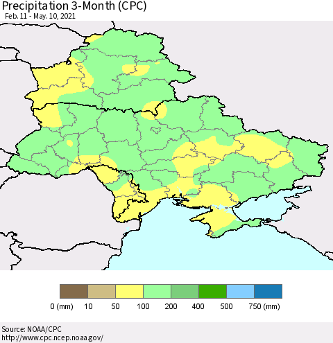 Ukraine, Moldova and Belarus Precipitation 3-Month (CPC) Thematic Map For 2/11/2021 - 5/10/2021