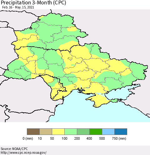 Ukraine, Moldova and Belarus Precipitation 3-Month (CPC) Thematic Map For 2/16/2021 - 5/15/2021