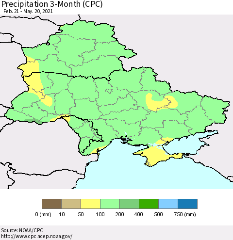 Ukraine, Moldova and Belarus Precipitation 3-Month (CPC) Thematic Map For 2/21/2021 - 5/20/2021