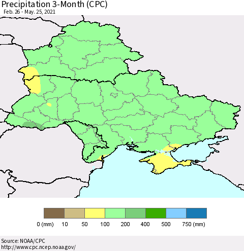 Ukraine, Moldova and Belarus Precipitation 3-Month (CPC) Thematic Map For 2/26/2021 - 5/25/2021