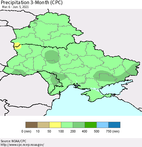 Ukraine, Moldova and Belarus Precipitation 3-Month (CPC) Thematic Map For 3/6/2021 - 6/5/2021