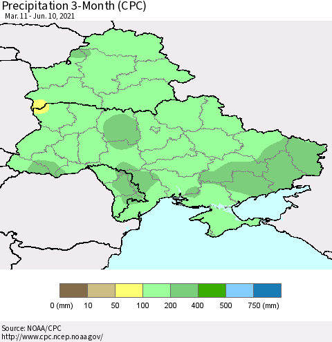 Ukraine, Moldova and Belarus Precipitation 3-Month (CPC) Thematic Map For 3/11/2021 - 6/10/2021