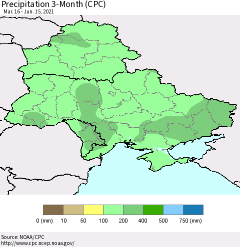 Ukraine, Moldova and Belarus Precipitation 3-Month (CPC) Thematic Map For 3/16/2021 - 6/15/2021