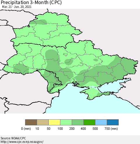 Ukraine, Moldova and Belarus Precipitation 3-Month (CPC) Thematic Map For 3/21/2021 - 6/20/2021