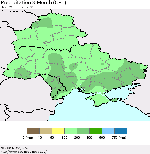 Ukraine, Moldova and Belarus Precipitation 3-Month (CPC) Thematic Map For 3/26/2021 - 6/25/2021