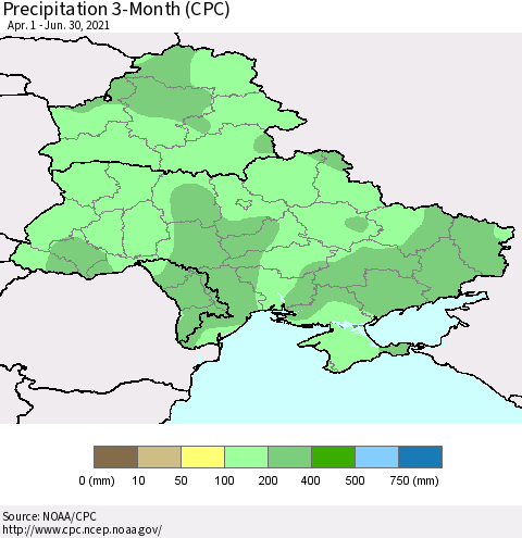 Ukraine, Moldova and Belarus Precipitation 3-Month (CPC) Thematic Map For 4/1/2021 - 6/30/2021
