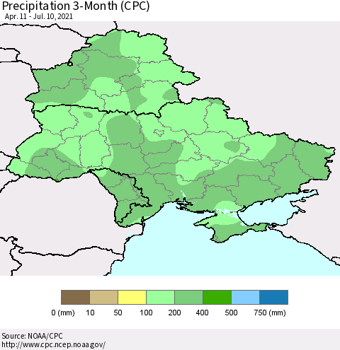 Ukraine, Moldova and Belarus Precipitation 3-Month (CPC) Thematic Map For 4/11/2021 - 7/10/2021