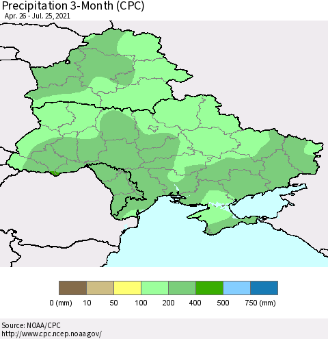 Ukraine, Moldova and Belarus Precipitation 3-Month (CPC) Thematic Map For 4/26/2021 - 7/25/2021