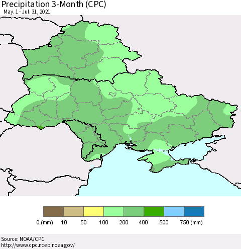 Ukraine, Moldova and Belarus Precipitation 3-Month (CPC) Thematic Map For 5/1/2021 - 7/31/2021