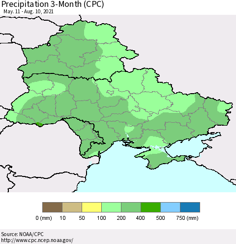 Ukraine, Moldova and Belarus Precipitation 3-Month (CPC) Thematic Map For 5/11/2021 - 8/10/2021