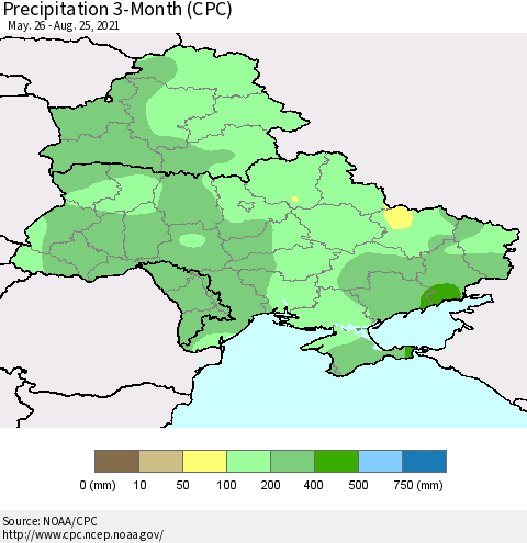 Ukraine, Moldova and Belarus Precipitation 3-Month (CPC) Thematic Map For 5/26/2021 - 8/25/2021