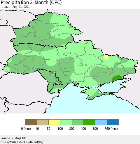 Ukraine, Moldova and Belarus Precipitation 3-Month (CPC) Thematic Map For 6/1/2021 - 8/31/2021