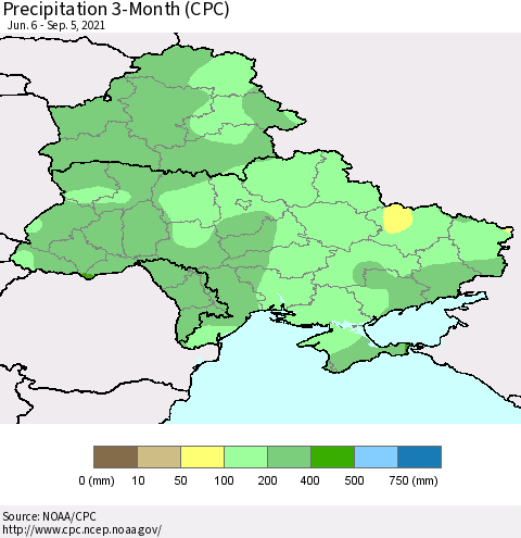 Ukraine, Moldova and Belarus Precipitation 3-Month (CPC) Thematic Map For 6/6/2021 - 9/5/2021