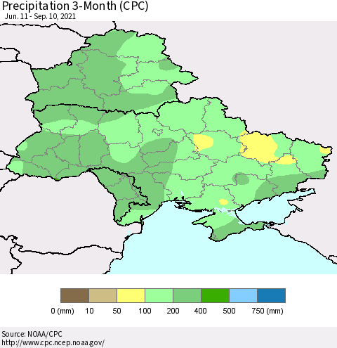 Ukraine, Moldova and Belarus Precipitation 3-Month (CPC) Thematic Map For 6/11/2021 - 9/10/2021