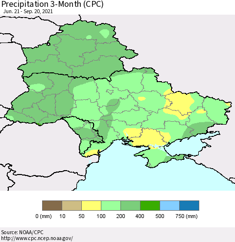 Ukraine, Moldova and Belarus Precipitation 3-Month (CPC) Thematic Map For 6/21/2021 - 9/20/2021