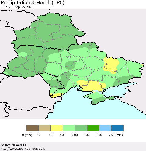 Ukraine, Moldova and Belarus Precipitation 3-Month (CPC) Thematic Map For 6/26/2021 - 9/25/2021