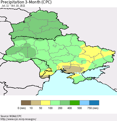 Ukraine, Moldova and Belarus Precipitation 3-Month (CPC) Thematic Map For 7/11/2021 - 10/10/2021