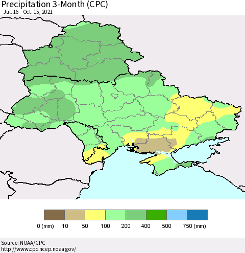 Ukraine, Moldova and Belarus Precipitation 3-Month (CPC) Thematic Map For 7/16/2021 - 10/15/2021