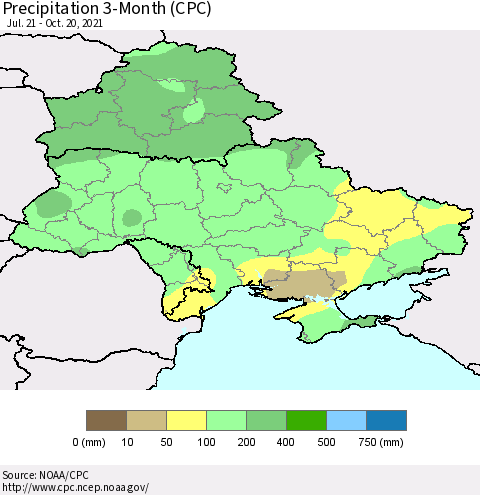 Ukraine, Moldova and Belarus Precipitation 3-Month (CPC) Thematic Map For 7/21/2021 - 10/20/2021