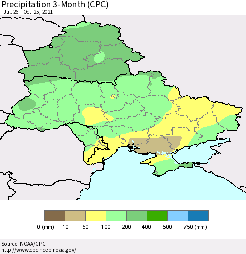 Ukraine, Moldova and Belarus Precipitation 3-Month (CPC) Thematic Map For 7/26/2021 - 10/25/2021